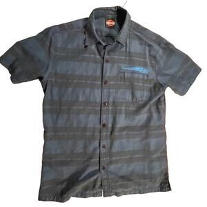 HARLEY Davidson Shirt Men's Medium Blue/Black Button-Up Short Sleeve Logo Garage